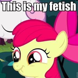Size: 670x670 | Tagged: safe, edit, edited screencap, screencap, apple bloom, sweetie belle, earth pony, pony, g4, bust, fetish, image macro, meme, scrunchy face, solo, that is my fetish