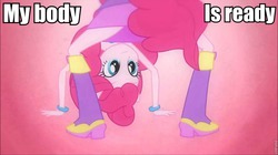 Size: 960x539 | Tagged: safe, pinkie pie, equestria girls, g4, clothes, female, image macro, looking between legs, meme, my body is ready, solo