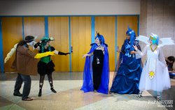 Size: 2048x1295 | Tagged: safe, discord, princess celestia, princess luna, queen chrysalis, human, g4, cosplay, irl, irl human, photo