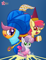 Size: 2550x3300 | Tagged: safe, artist:clouddg, apple bloom, scootaloo, sweetie belle, earth pony, pegasus, pony, unicorn, for whom the sweetie belle toils, g4, my little pony: friendship is magic, actress, blue background, clothes, cutie mark crusaders, dress, hat, hennin, high res, looking at each other, looking at someone, princess apple bloom, school play, simple background, trio