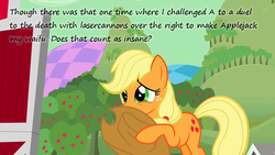 Size: 720x405 | Tagged: safe, screencap, applejack, earth pony, pony, g4, the return of harmony, apple tree, cannon, discorded landscape, female, green sky, insane pony thread, insanity, laser, mare, solo, tree, waifu