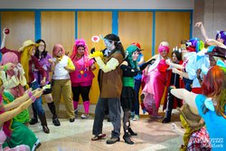 Size: 2048x1365 | Tagged: safe, applejack, discord, fluttershy, pinkie pie, queen chrysalis, rainbow dash, rarity, human, g4, cosplay, irl, irl human, photo