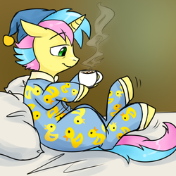 Size: 750x750 | Tagged: safe, artist:jitterbugjive, oc, oc only, duck, bed, clothes, coach, hat, hot chocolate, marshmallow, nightcap, pajamas, pillow, rubber duck, solo