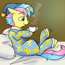 Size: 750x750 | Tagged: safe, artist:jitterbugjive, oc, oc only, duck, bed, clothes, coach, hat, hot chocolate, marshmallow, nightcap, onesie, pajamas, pillow, rubber duck, solo