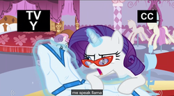 Size: 1064x588 | Tagged: safe, screencap, rarity, sweetie belle, llama, for whom the sweetie belle toils, g4, hulk speak, meme, possible racism, youtube caption