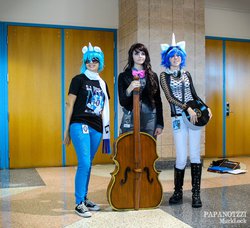 Size: 2048x1871 | Tagged: artist needed, safe, dj pon-3, octavia melody, vinyl scratch, human, g4, clothes, cosplay, fishnet stockings, headphones, irl, irl human, metrocon, musical instrument, photo, record, scarf