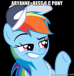 Size: 500x515 | Tagged: safe, rainbow dash, pegasus, pony, flight to the finish, g4, baseball cap, cap, caption, female, hat, implied nazi, jontron thread, meme, op is trying to start shit, opinion, smugdash, solo