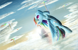Size: 2500x1618 | Tagged: safe, artist:fox-moonglow, rainbow dash, pegasus, pony, g4, canterlot, cloud, cloudy, featured image, female, flying, mountain, rainbow, rainbow waterfall, smiling, smirk, solo, spread wings, upside down