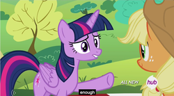 Size: 854x472 | Tagged: safe, screencap, applejack, twilight sparkle, alicorn, pony, g4, female, hub logo, mare, meme, twilight sparkle (alicorn), youtube caption