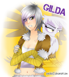 Size: 1417x1578 | Tagged: safe, artist:paolalin10, gilda, griffon, human, pony, g4, belly button, female, gritted teeth, human griffondox, human ponidox, humanized, midriff, self ponidox, solo, teeth