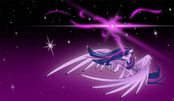 Size: 6000x3500 | Tagged: safe, artist:flamevulture17, twilight sparkle, alicorn, pony, g4, absurd resolution, female, flying, impossibly large wings, large wings, long mane, long tail, magic orb, mare, solo, stars, tail, twilight sparkle (alicorn), wallpaper, wings