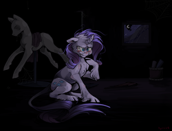 Size: 1897x1450 | Tagged: safe, artist:xenon, rarity, classical unicorn, for whom the sweetie belle toils, g4, bad future, cloven hooves, crying, curved horn, dark, female, horn, implied princess luna, leonine tail, mannequin, marshmelodrama, scene interpretation, solo, unshorn fetlocks
