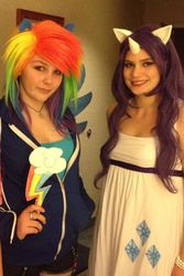 Size: 480x720 | Tagged: safe, artist:kittytheshegeek, rainbow dash, rarity, human, g4, cosplay, irl, irl human, photo