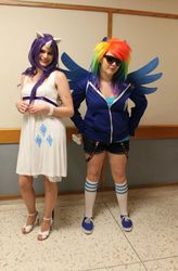 Size: 471x720 | Tagged: safe, artist:kittytheshegeek, rainbow dash, rarity, human, g4, cosplay, irl, irl human, photo