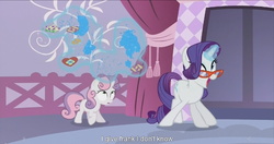 Size: 1439x762 | Tagged: safe, screencap, rarity, sweetie belle, for whom the sweetie belle toils, g4, meme, youtube caption