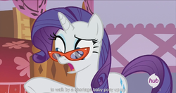 Size: 1439x762 | Tagged: safe, screencap, rarity, for whom the sweetie belle toils, g4, female, hub logo, meme, solo, youtube caption