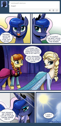 Size: 600x1227 | Tagged: safe, artist:johnjoseco, princess luna, ask gaming princess luna, g4, anna, comic, elsa, frozen (movie), ponified