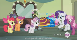 Size: 1439x761 | Tagged: safe, screencap, apple bloom, cheerilee, rarity, scootaloo, sweetie belle, for whom the sweetie belle toils, g4, my little pony: friendship is magic, cutie mark crusaders, hub logo, meme, youtube caption