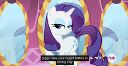 Size: 1600x830 | Tagged: safe, edit, edited screencap, screencap, rarity, pony, unicorn, g4, bedroom eyes, butt, caption, female, hub logo, intro, mare, meme, mirror, plot, solo, text, youtube caption