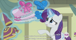 Size: 1438x762 | Tagged: safe, screencap, rarity, for whom the sweetie belle toils, g4, my little pony: friendship is magic, female, hub logo, meme, solo, youtube caption