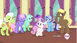Size: 480x270 | Tagged: safe, screencap, amethyst star, coco crusoe, granny smith, lyra heartstrings, minuette, rainbowshine, sparkler, sweetie belle, earth pony, pony, unicorn, for whom the sweetie belle toils, g4, lesson zero, animated, atomic rainboom, female, filly, foal, gif, hub logo, male, stallion, sweetie ka-boom