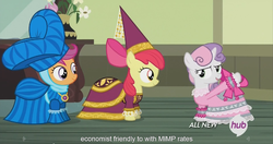 Size: 1439x761 | Tagged: safe, screencap, apple bloom, scootaloo, sweetie belle, for whom the sweetie belle toils, g4, cutie mark crusaders, hub logo, meme, youtube caption
