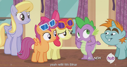 Size: 1440x761 | Tagged: safe, edit, edited screencap, screencap, apple bloom, scootaloo, snips, spike, dragon, earth pony, pegasus, pony, unicorn, for whom the sweetie belle toils, g4, caption, colt, female, filly, hub logo, male, meme, text, youtube caption