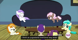 Size: 1600x830 | Tagged: safe, screencap, banana peel (g4), brown sugar, burnout (g4), mint flower, plum star, titania, for whom the sweetie belle toils, g4, 5-year-old, couch, filly, meme, table, youtube caption, yugoslavia