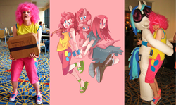 Size: 1280x764 | Tagged: safe, artist:gomigomipomi, artist:tempestfae, dj pon-3, pinkie pie, vinyl scratch, human, g4, cosplay, fursuit, irl, irl human, photo, pinkamena diane pie