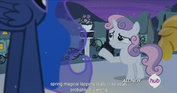 Size: 1439x762 | Tagged: safe, screencap, princess luna, sweetie belle, for whom the sweetie belle toils, g4, hub logo, meme, moonbutt brand instant lucidity, youtube caption