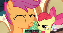 Size: 1600x830 | Tagged: safe, screencap, apple bloom, scootaloo, for whom the sweetie belle toils, g4, drugs, hub logo, meme, youtube caption