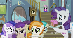 Size: 1440x762 | Tagged: safe, screencap, banana peel (g4), brown sugar, burnout (g4), mint flower, plum star, plumberry, rarity, sweetie belle, titania, pony, for whom the sweetie belle toils, g4, hub logo, meme, youtube caption