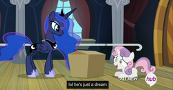 Size: 1600x830 | Tagged: safe, screencap, princess luna, sweetie belle, alicorn, pony, unicorn, for whom the sweetie belle toils, g4, box, concave belly, crown, dazed, dream, ethereal mane, ethereal tail, faic, female, filly, height difference, hoof shoes, hub logo, jewelry, lol, mare, meme, open mouth, peytral, princess shoes, regalia, slender, smiling, tail, thin, youtube caption