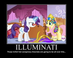 Size: 750x600 | Tagged: safe, edit, edited screencap, screencap, fluttershy, rarity, for whom the sweetie belle toils, g4, my little pony: friendship is magic, all seeing eye, conspiracy, demotivational poster, headdress, illuminati, meme