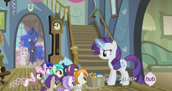 Size: 1439x760 | Tagged: safe, screencap, banana peel (g4), brown sugar, burnout (g4), lightning flare, mint flower, plum star, plumberry, princess luna, rarity, sweetie belle, titania, pony, for whom the sweetie belle toils, g4, 5-year-old, hub logo, meme, youtube caption