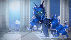 Size: 1920x1080 | Tagged: safe, artist:malamol, princess luna, g4, castle, constellation, crepuscular rays, female, looking at you, looking back, moon, raised hoof, raised leg, smiling, solo, stars