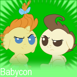 Size: 250x250 | Tagged: safe, pound cake, pumpkin cake, pegasus, pony, unicorn, g4, babycon, crossed hooves, eye contact, female, foal, foalcon, frown, implied babycon, implied foalcon, looking at each other, male, meta, raised eyebrow, spoilered image joke, text, twins