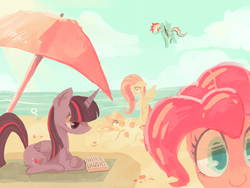 Size: 800x600 | Tagged: safe, artist:dreishzu, applejack, fluttershy, pinkie pie, rainbow dash, twilight sparkle, alicorn, pony, g4, beach, beach umbrella, book, female, flying, looking at you, mare, reading, seaside, twilight sparkle (alicorn), umbrella