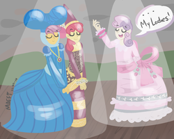 Size: 1000x800 | Tagged: safe, artist:tsukiakunoryu, apple bloom, scootaloo, sweetie belle, human, for whom the sweetie belle toils, g4, my little pony: friendship is magic, clothes, cutie mark crusaders, dress, hennin, humanized, princess apple bloom