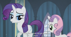 Size: 1439x761 | Tagged: safe, screencap, rarity, sweetie belle, for whom the sweetie belle toils, g4, my little pony: friendship is magic, meme, youtube caption