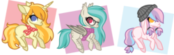 Size: 900x289 | Tagged: safe, artist:ivyhaze, oc, oc only, bat pony, donkey, earth pony, hybrid, pony, unicorn, beanie, bow, clothes, freckles, glasses, hat, scarf, stripes