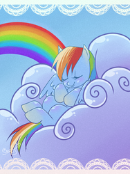 Size: 1200x1600 | Tagged: safe, artist:nyako-shoyu, rainbow dash, pegasus, pony, g4, cloud, cute, dashabetes, female, on a cloud, rainbow, sleeping, sleeping on a cloud, solo