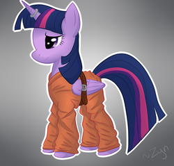 Size: 1024x978 | Tagged: safe, artist:zynnekrai, twilight sparkle, alicorn, pony, g4, belt, bound wings, clothes, female, horn, horn ring, magic suppression, mare, prison outfit, prisoner, prisoner ts, solo, twilight sparkle (alicorn)