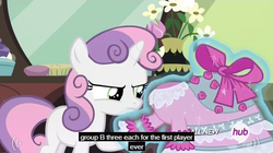 Size: 628x352 | Tagged: safe, screencap, sweetie belle, for whom the sweetie belle toils, g4, my little pony: friendship is magic, clothes, dress, female, hub logo, meme, mirror, solo, youtube caption