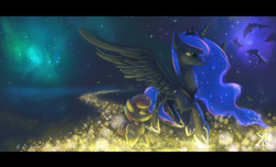 Size: 1719x1047 | Tagged: safe, artist:grissaecrim, princess luna, sweetie belle, alicorn, dolphin, pony, unicorn, for whom the sweetie belle toils, g4, dream sequence, female, filly, glowing, mare, scene interpretation
