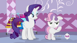 Size: 1920x1080 | Tagged: safe, screencap, rarity, sweetie belle, pony, for whom the sweetie belle toils, g4, animation error, hub logo