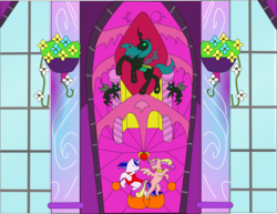 Size: 1181x912 | Tagged: safe, artist:dreamactualizer, princess cadance, queen chrysalis, shining armor, changeling, g4, stained glass, window