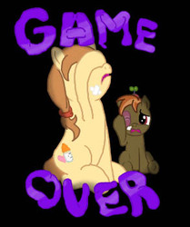 Size: 293x350 | Tagged: safe, artist:php21, derpibooru exclusive, button mash, oc, oc:cream heart, earth pony, pony, button's adventures, g4, bandaid, black background, black eye, buttongate, colt, donkey kong, donkey kong country, drama, earth pony oc, female, foal, game over, male, mare, mother and child, mother and son, simple background, video game