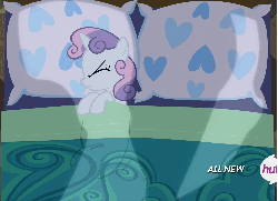 Size: 1485x1080 | Tagged: safe, screencap, sweetie belle, for whom the sweetie belle toils, g4, season 4, animated, bed, extreme speed animation, female, hub logo, pillow, ping pong, solo