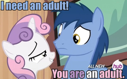 Size: 657x407 | Tagged: safe, edit, edited screencap, screencap, blues, noteworthy, sweetie belle, earth pony, pony, unicorn, for whom the sweetie belle toils, g4, all new, bedroom eyes, caption, eye contact, female, filly, flirting, frown, grin, hub logo, i am an adult, i need an adult, implied foalcon, lidded eyes, logo, looking at each other, male, meme, role reversal, ship:sweetieworthy, shipping, smiling, stallion, straight, text, the hub, uncomfortable, wide eyes